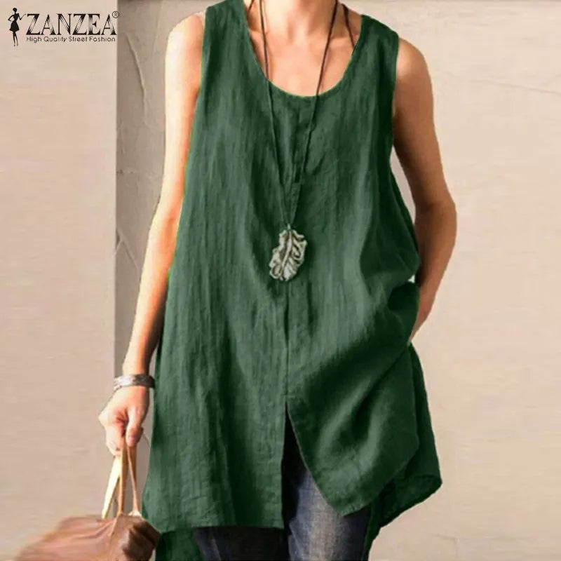 Women's Long Tanks  Cotton Linen  Blouses Casual