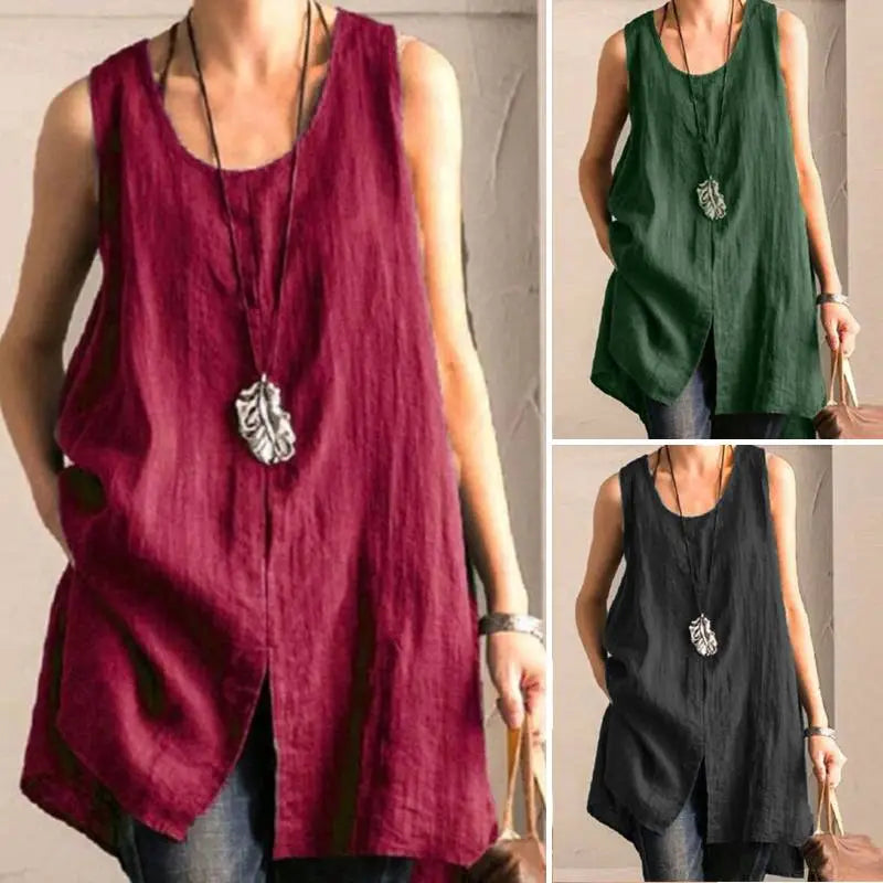 Women's Long Tanks  Cotton Linen  Blouses Casual