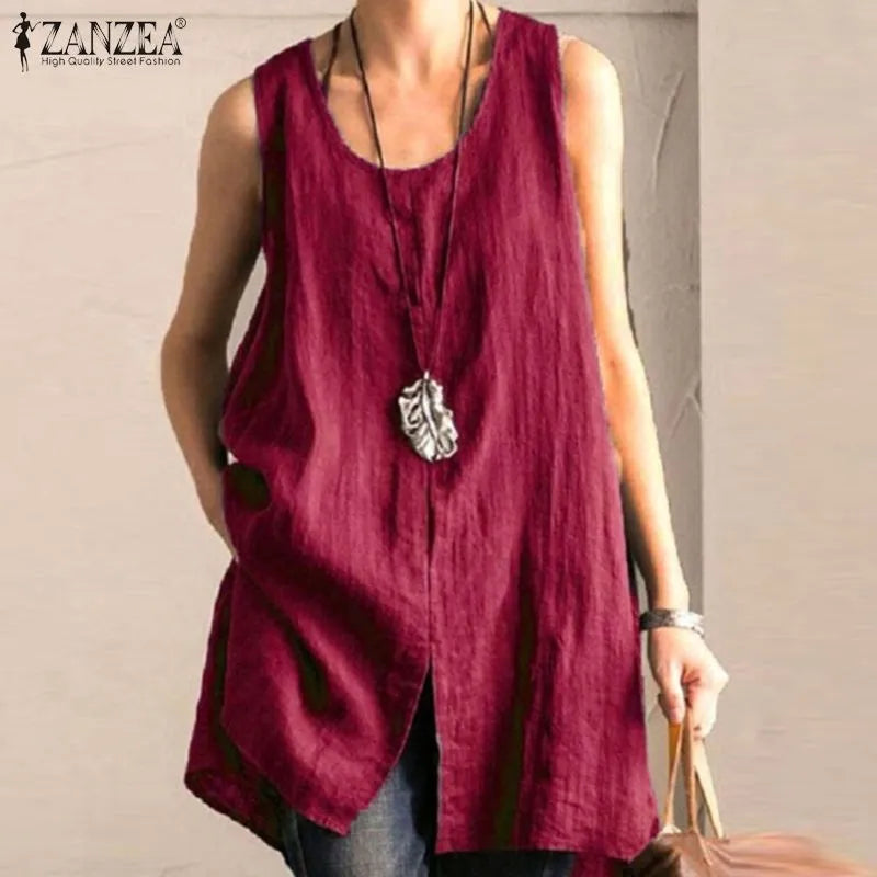 Women's Long Tanks  Cotton Linen  Blouses Casual