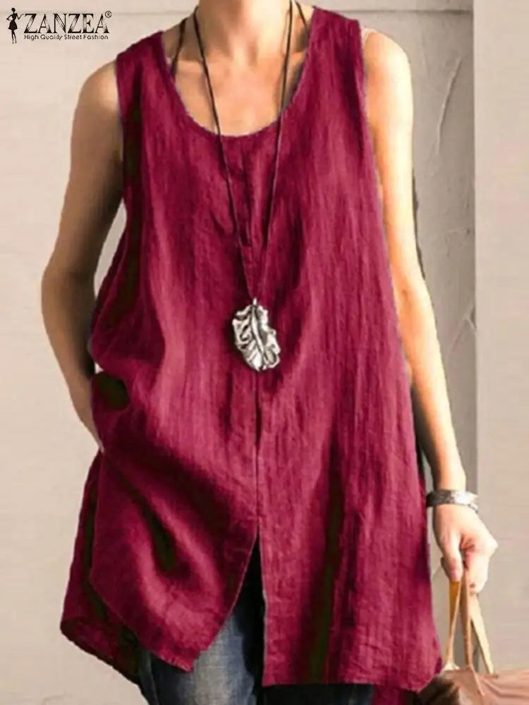 Women's Long Tanks  Cotton Linen  Blouses Casual