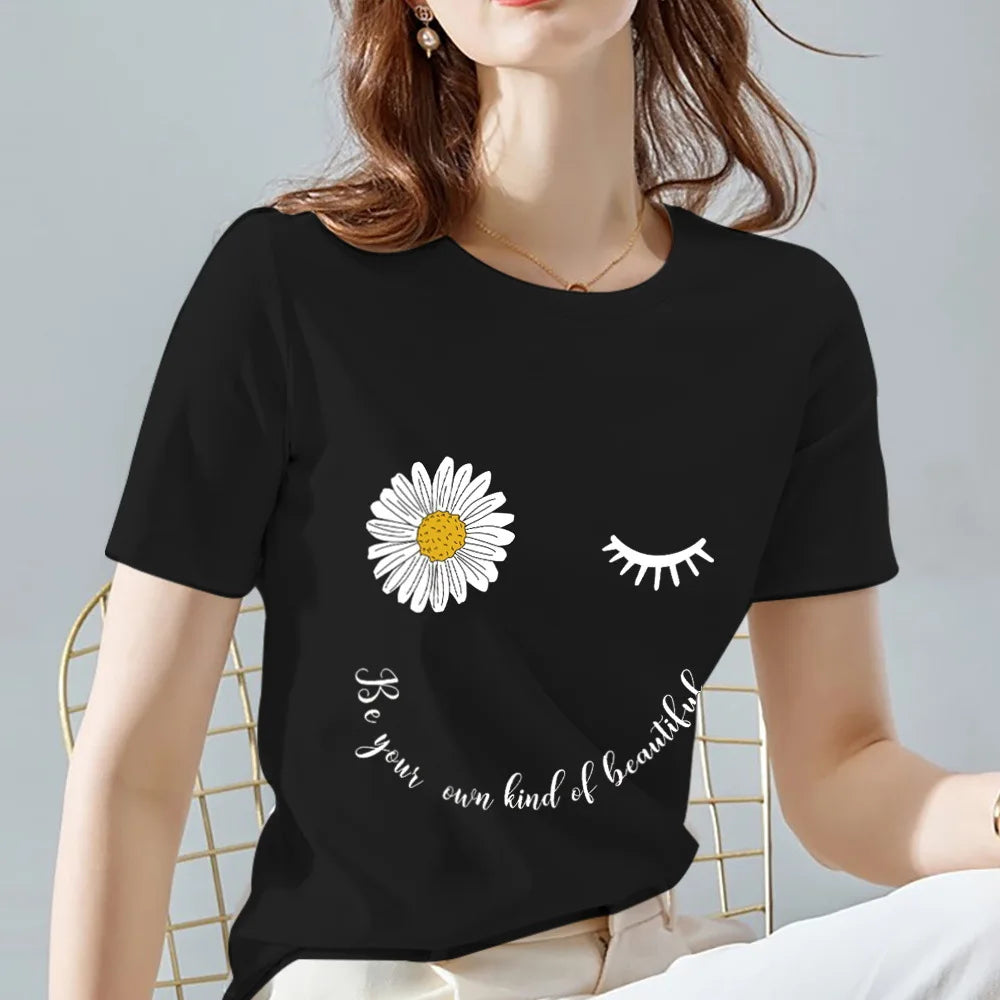 Women's 100% Cotton black flower printed T-shirt