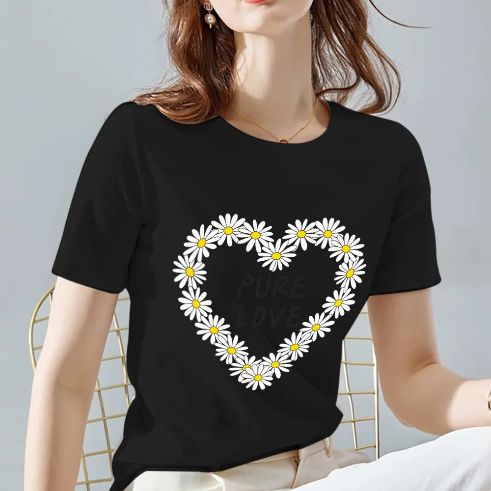 Women's 100% Cotton black flower printed T-shirt