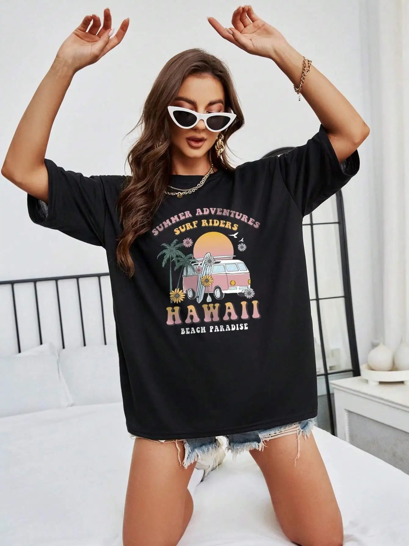 Hawaii 100% Cotton Women T-Shirts Summer Adventures Print Tees Casual Soft Short Sleeve Tops Loose Comfortable Street Clothes