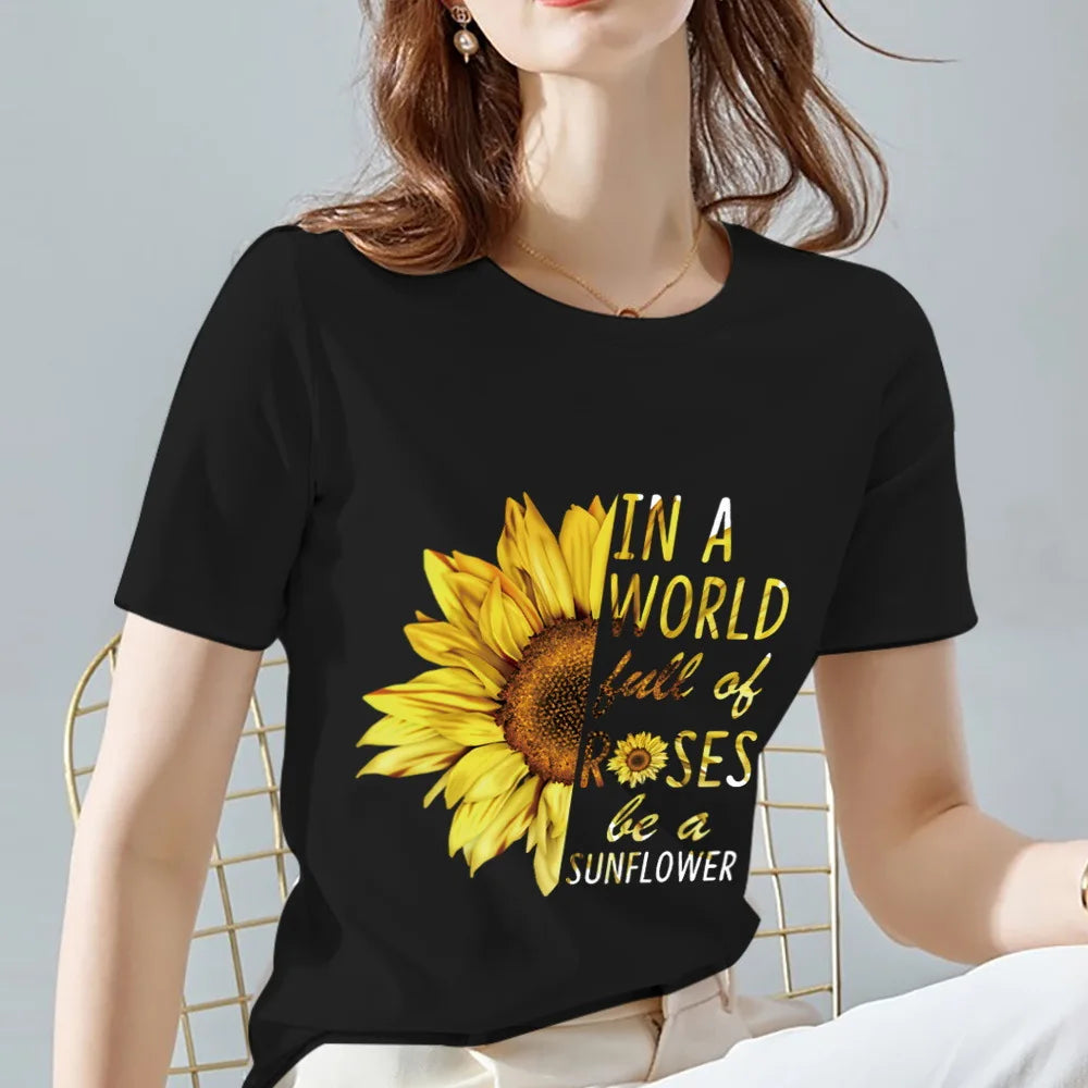 Women's 100% Cotton black flower printed T-shirt