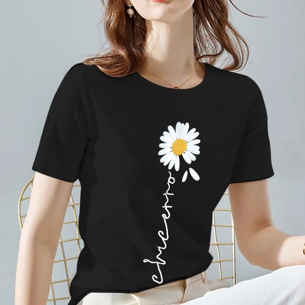Women's 100% Cotton black flower printed T-shirt