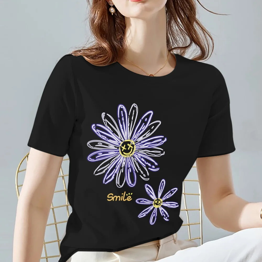 Women's 100% Cotton black flower printed T-shirt