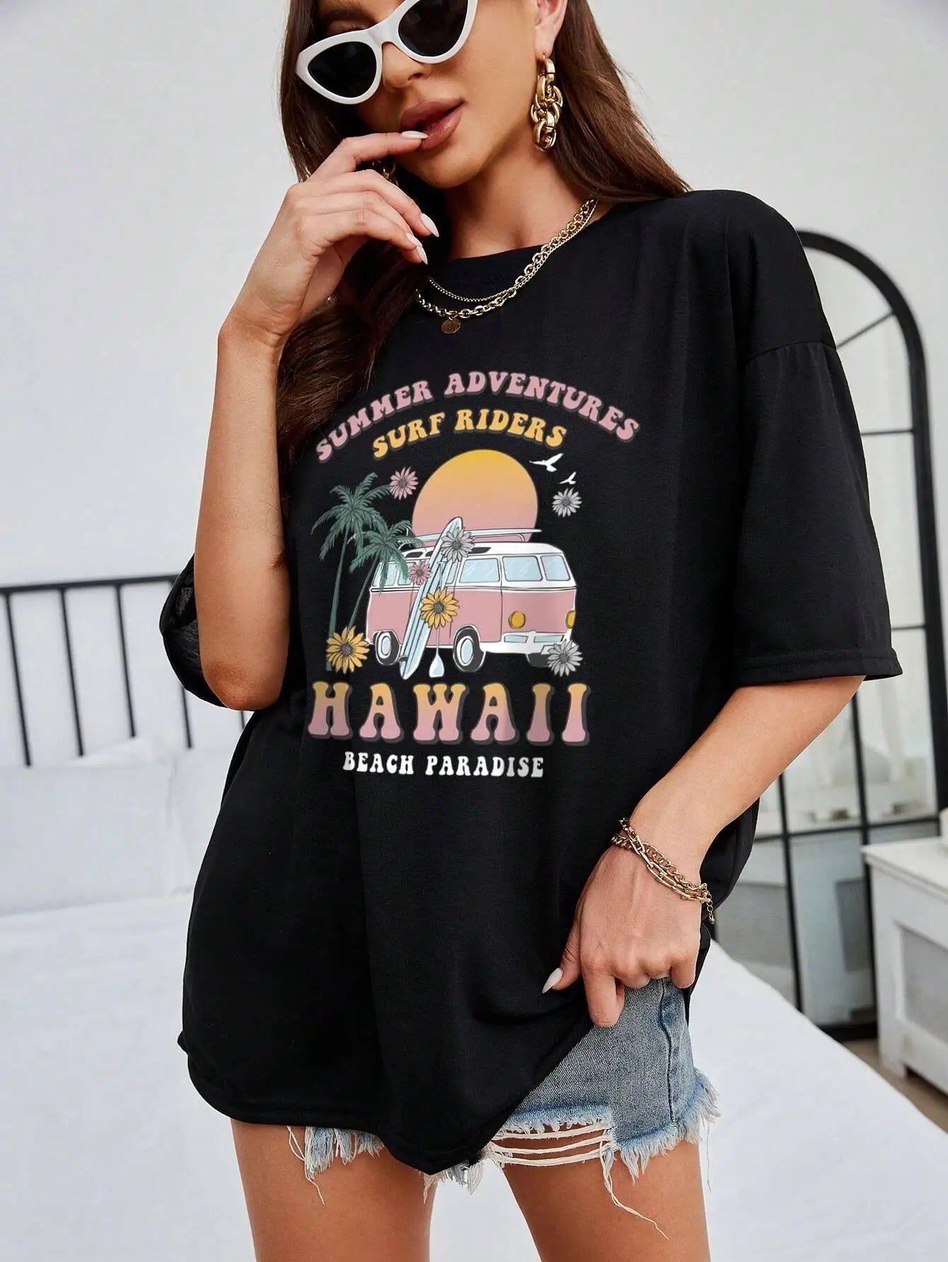 Hawaii 100% Cotton Women T-Shirts Summer Adventures Print Tees Casual Soft Short Sleeve Tops Loose Comfortable Street Clothes