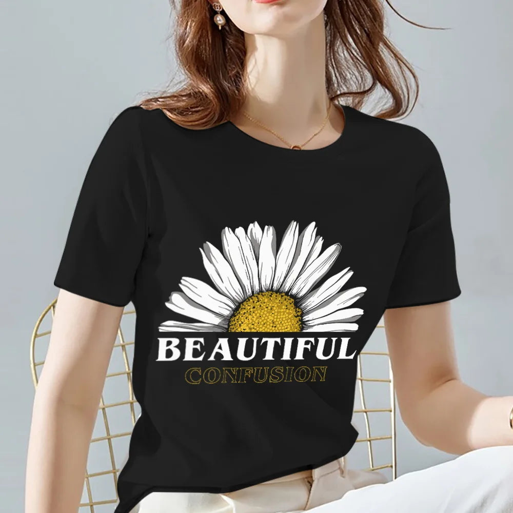 Women's 100% Cotton black flower printed T-shirt