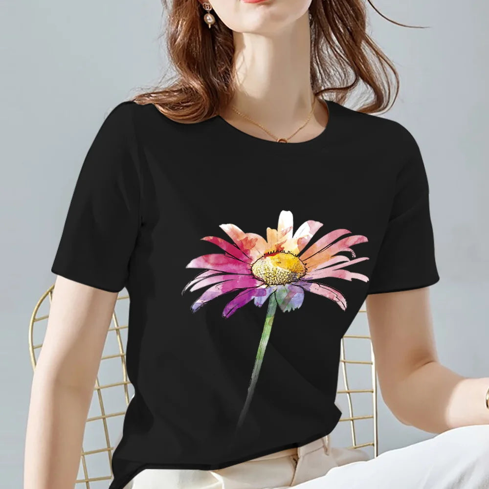 Women's 100% Cotton black flower printed T-shirt