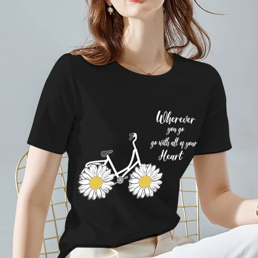Women's 100% Cotton black flower printed T-shirt