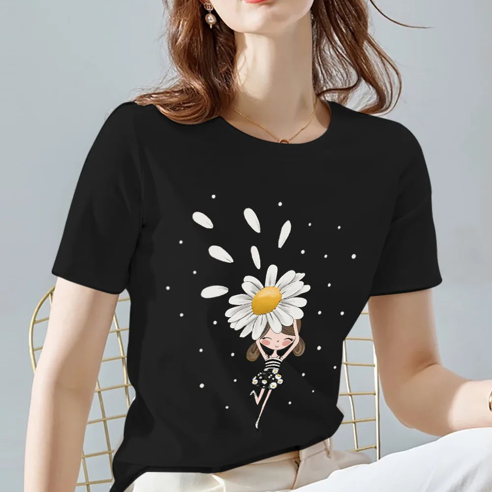 Women's 100% Cotton black flower printed T-shirt