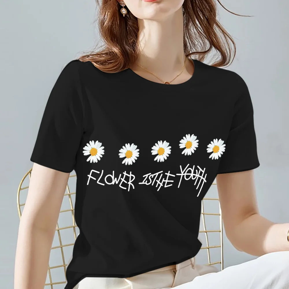 Women's 100% Cotton black flower printed T-shirt