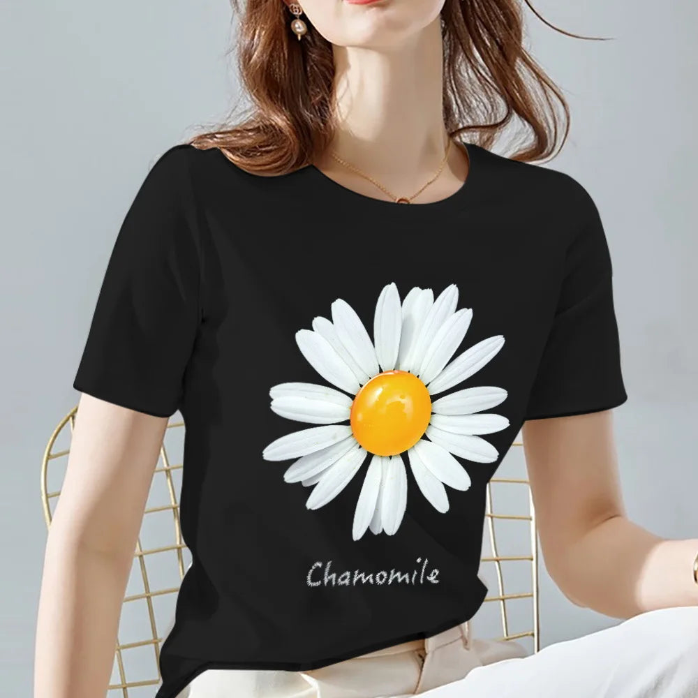 Women's 100% Cotton black flower printed T-shirt