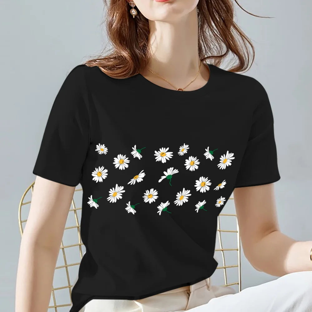 Women's 100% Cotton black flower printed T-shirt