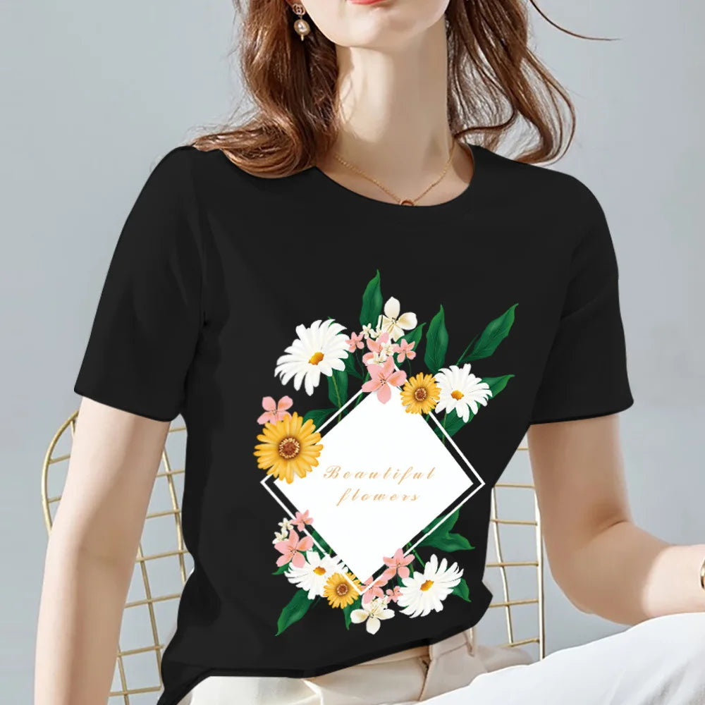 Women's 100% Cotton black flower printed T-shirt