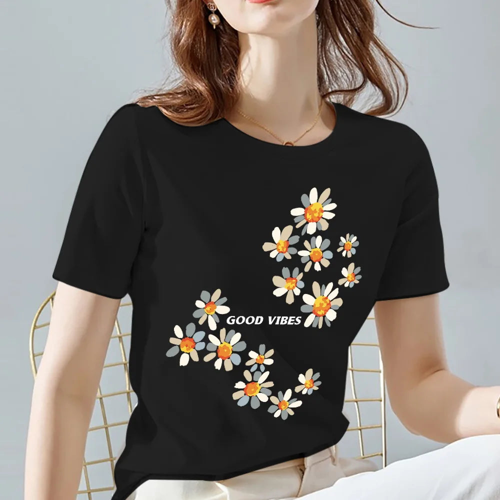 Women's 100% Cotton black flower printed T-shirt