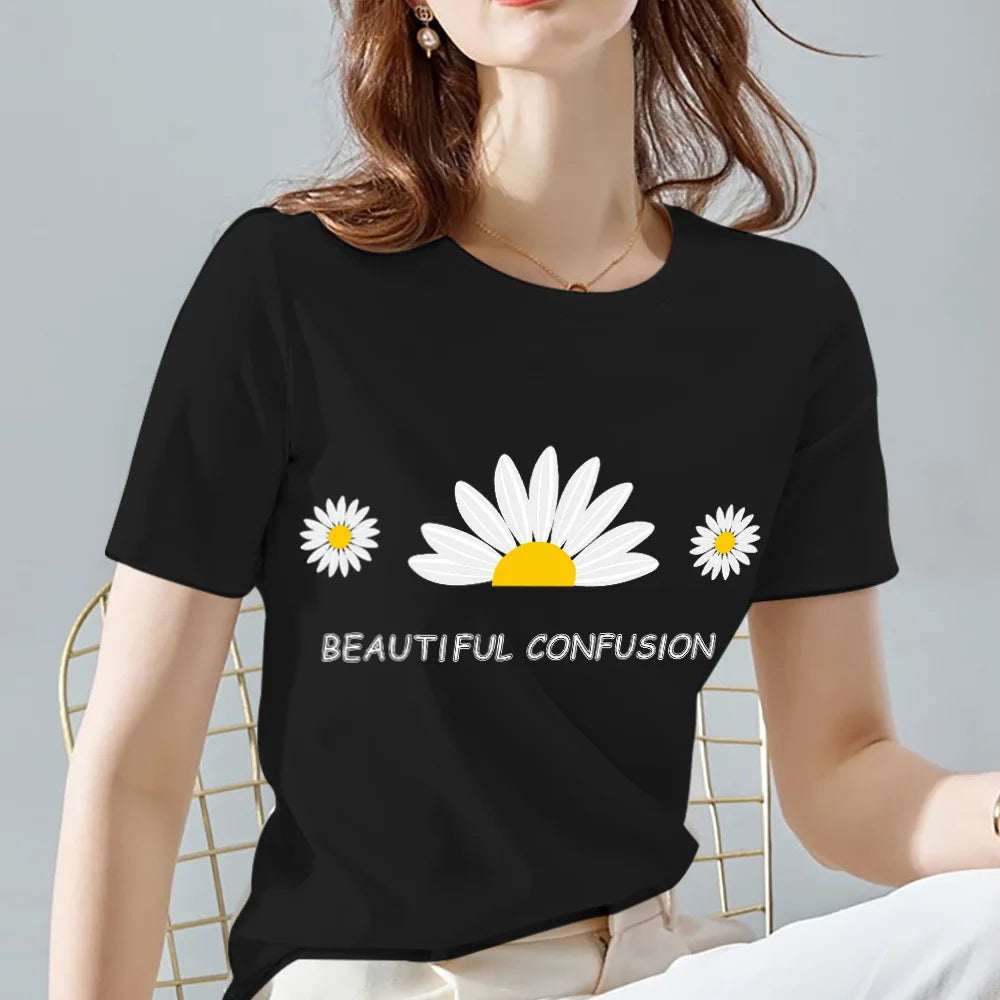 Women's 100% Cotton black flower printed T-shirt