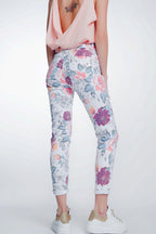 White Boyfriend Jeans With Floral Print