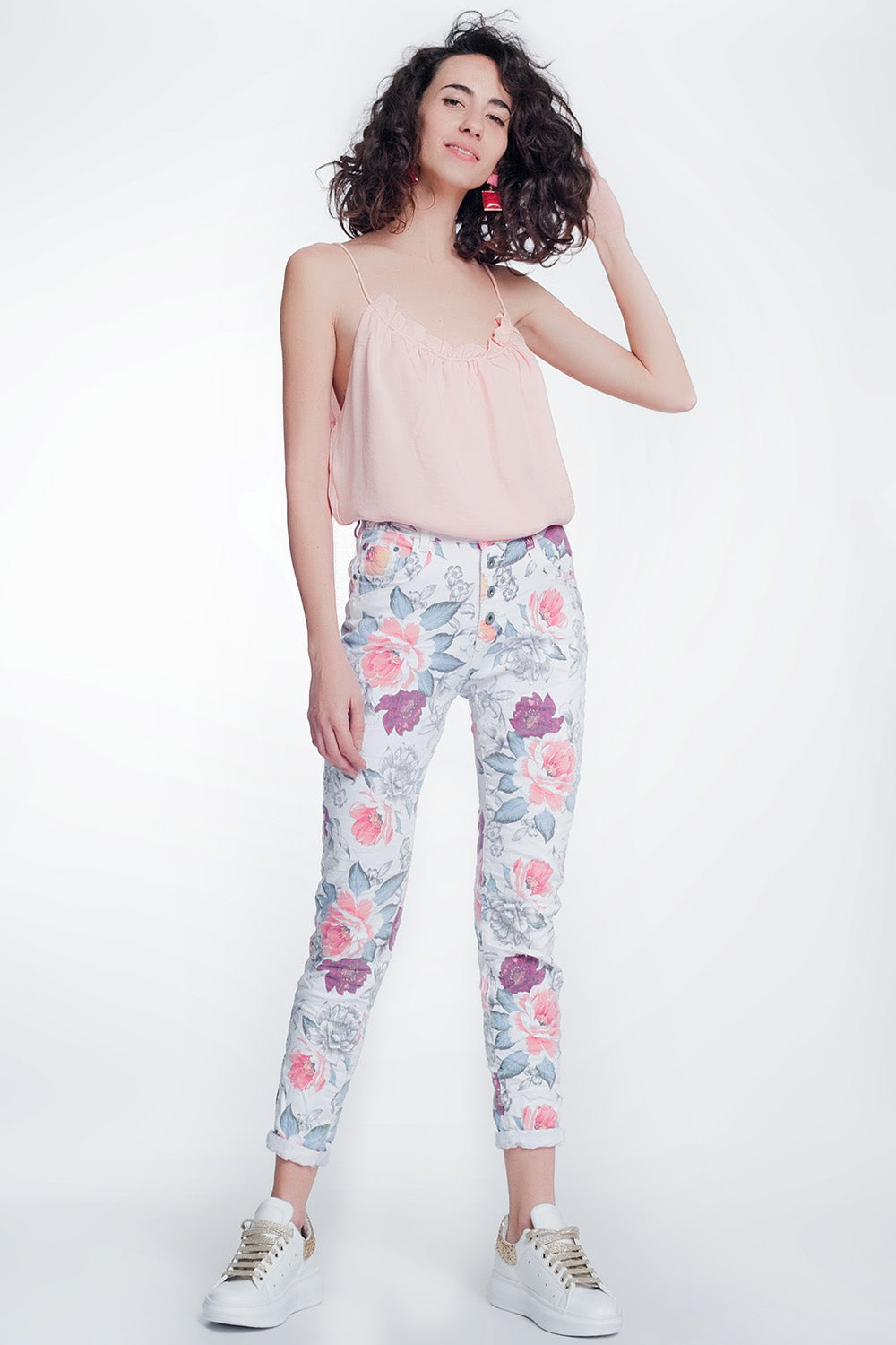 White Boyfriend Jeans With Floral Print