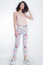 White Boyfriend Jeans With Floral Print